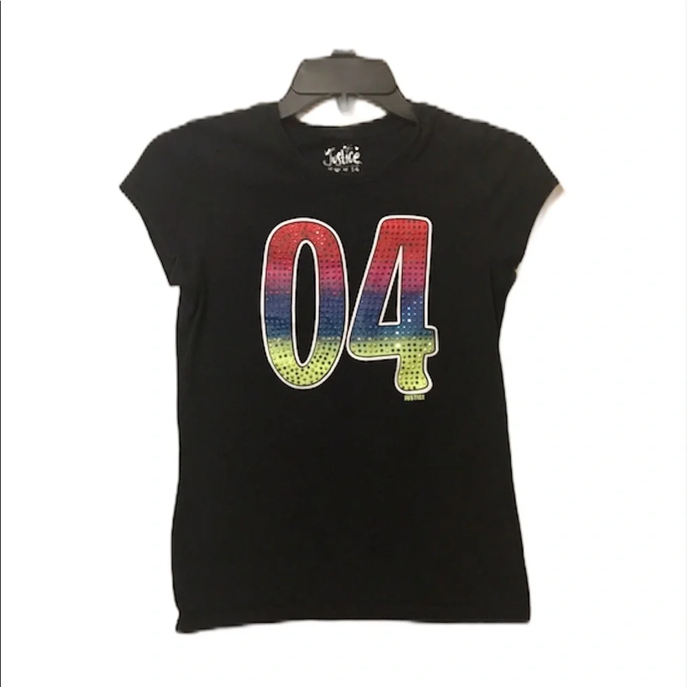Justice Girl’s Black Graphic “04” Rhinestones T-Shirt Size 14 EUC
